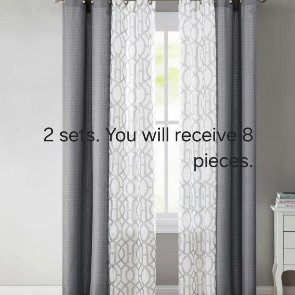 Mainstays Elegant Gray and White Patterned Curtains. Sheers Have Been Cut.